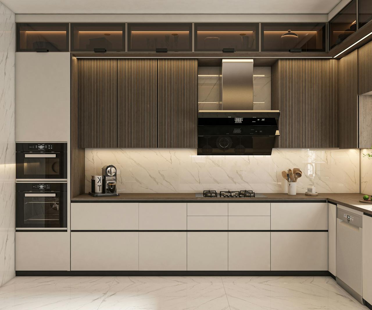 Elegant and minimalist kitchen design featuring marble and wood textures for a modern interior aesthetic.